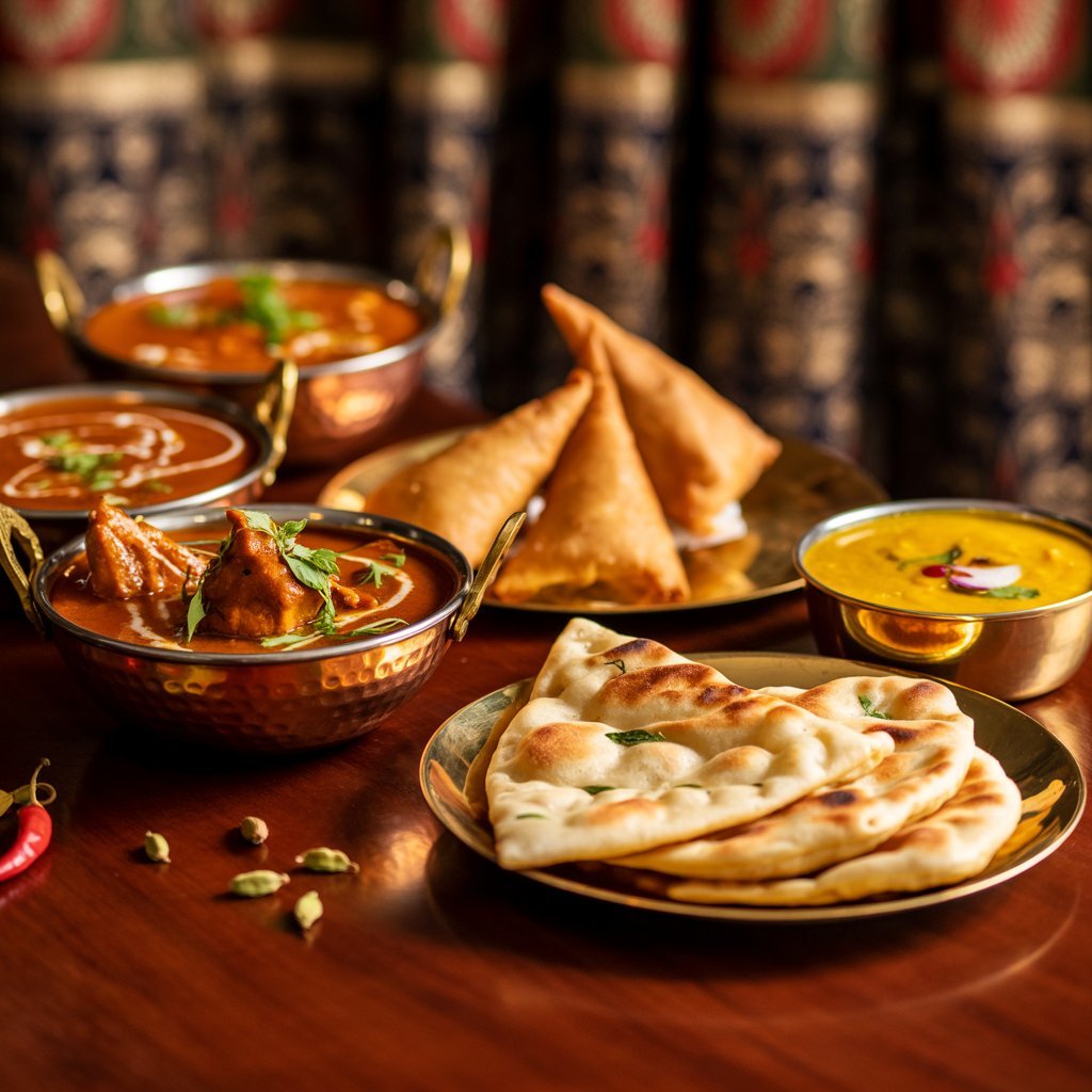 A spread of Indian dishes including curries, samosas, naan, and dal.
